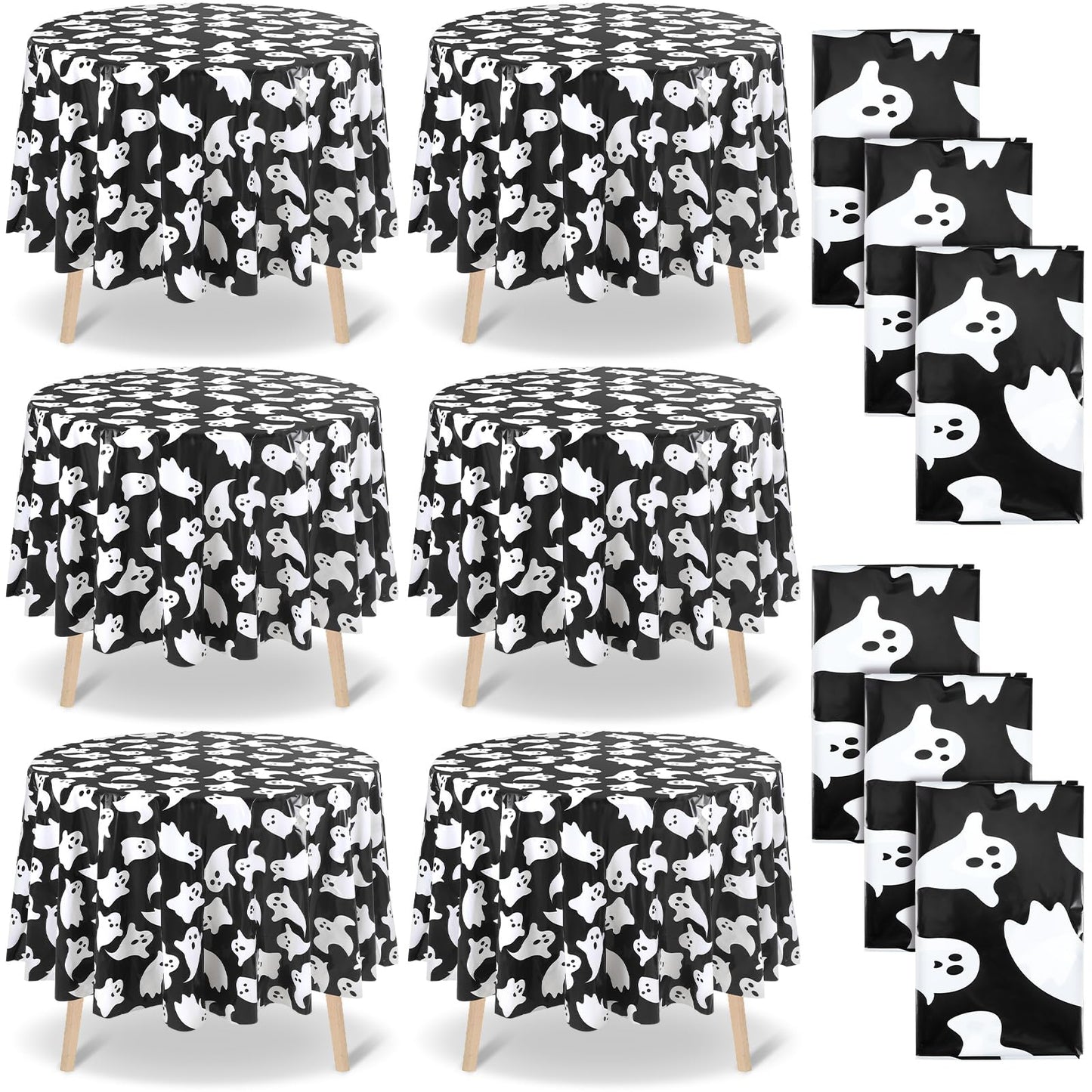 Ganeen 6 Pcs Halloween Plastic Tablecloths 84 Inch White Black Ghost Disposable Table Cover Plastic Round Ghost Spooky Tablecloths Decoration for Halloween Baby Shower Party Supplies