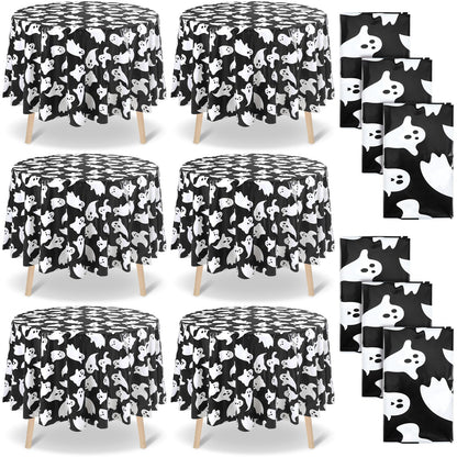 Ganeen 6 Pcs Halloween Plastic Tablecloths 84 Inch White Black Ghost Disposable Table Cover Plastic Round Ghost Spooky Tablecloths Decoration for Halloween Baby Shower Party Supplies