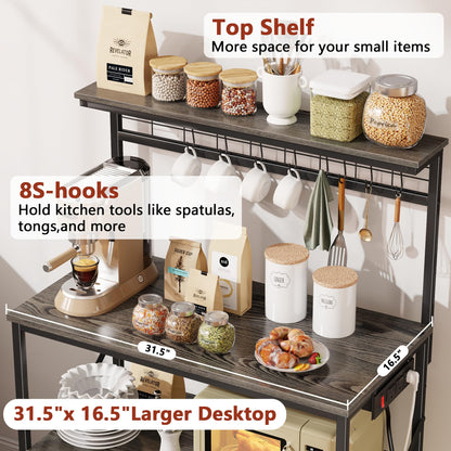 Furologee Kitchen Bakers Rack with Power Outlet, Microwave Oven Stand with Storage 4 Tiers, Coffee Bar Table with 6 S Hooks, Kitchen Storage Shelf Rack for Spices, Pots, Rustic Brown