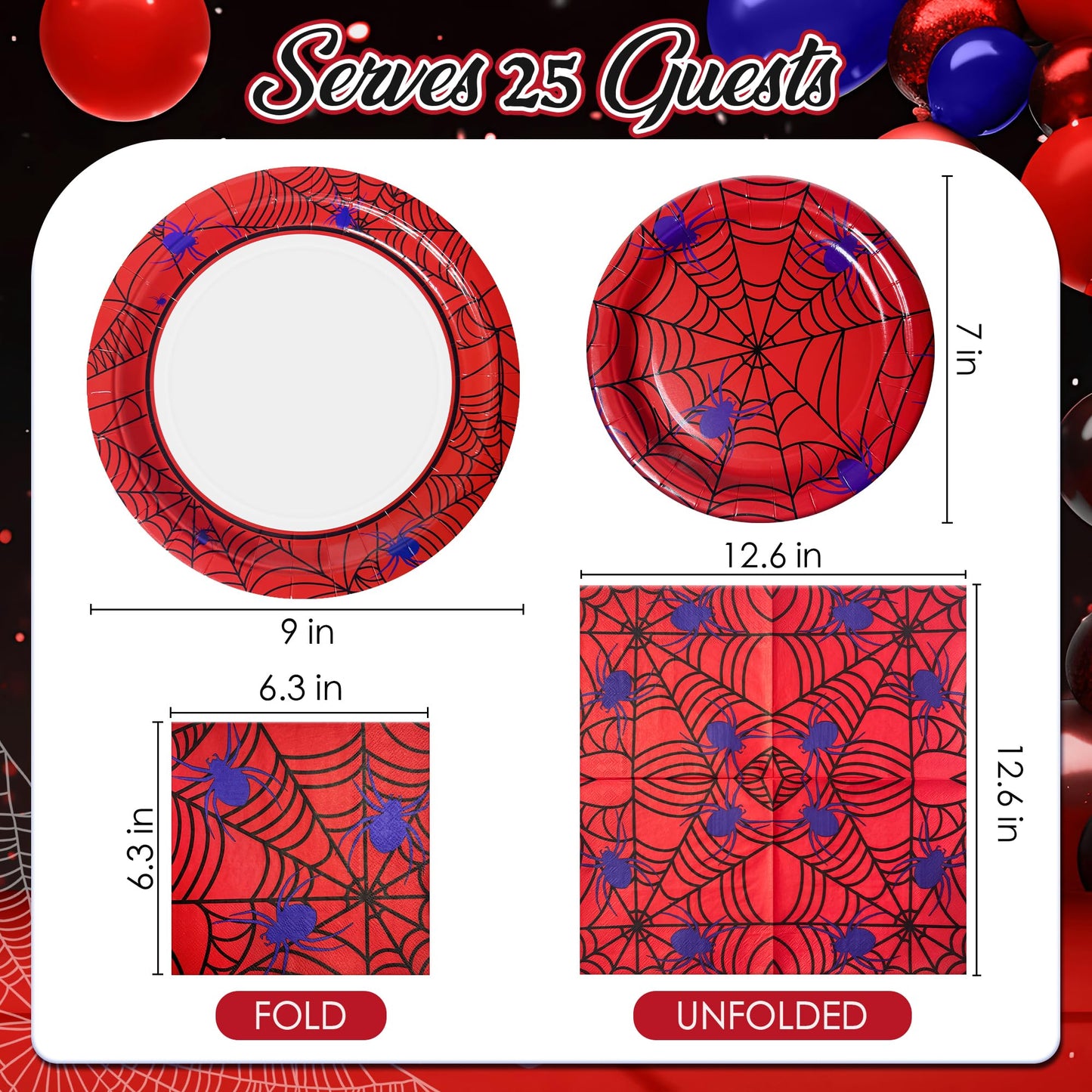 Watch Me Fly 75pcs Spider Party Supplies - Disposable Spider Web Paper Plates & Napkins (25pcs 9" & 7" Plates, 25pcs Napkins) for Birthdays, Halloween, Birthday, and Parties Decoration