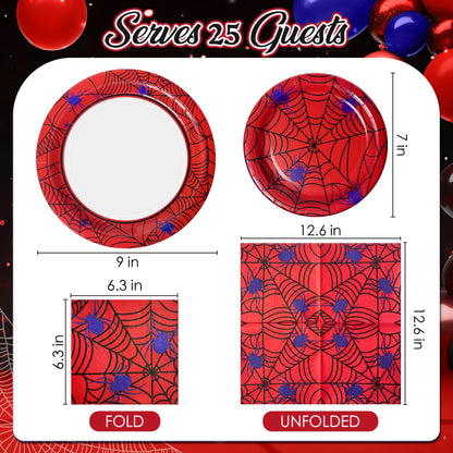 Watch Me Fly 75pcs Spider Party Supplies - Disposable Spider Web Paper Plates & Napkins (25pcs 9" & 7" Plates, 25pcs Napkins) for Birthdays, Halloween, Birthday, and Parties Decoration