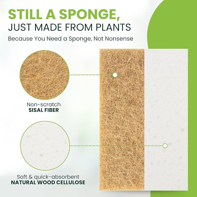 Tieralia Natural Dish Sponge Set – 6-Pack Eco-Friendly & Compostable Scrubbers | Cellulose & Sisal | Non-Toxic, Odor-Free, Reusable Kitchen Sponges for Dishes, Sink, Pots & Pans