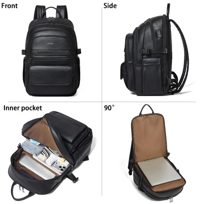 tiamyi Vegan Leather Backpack, TSA Travel Backpack for Men and Women, Fits 17.0 Inch Notebook with Luggage Strap and USB Port, Black