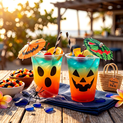 FoldTier 24 Set 12oz Summer Halloween Plastic Cups with Drink Umbrella Picks Bulk Halloween Cups with Cocktail Umbrella Stirrers Jack O Lantern Ghost Design for Trick or Treat Boo Party Supplies