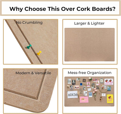 Foldable Large Felt Bulletin Board for Wall 72"x 48", Decorative Picture Framed Display Board with Self-Adhesive Tape for School, Home, Kitchen & Office Walls, Includes 30 Pins, Oatmeal
