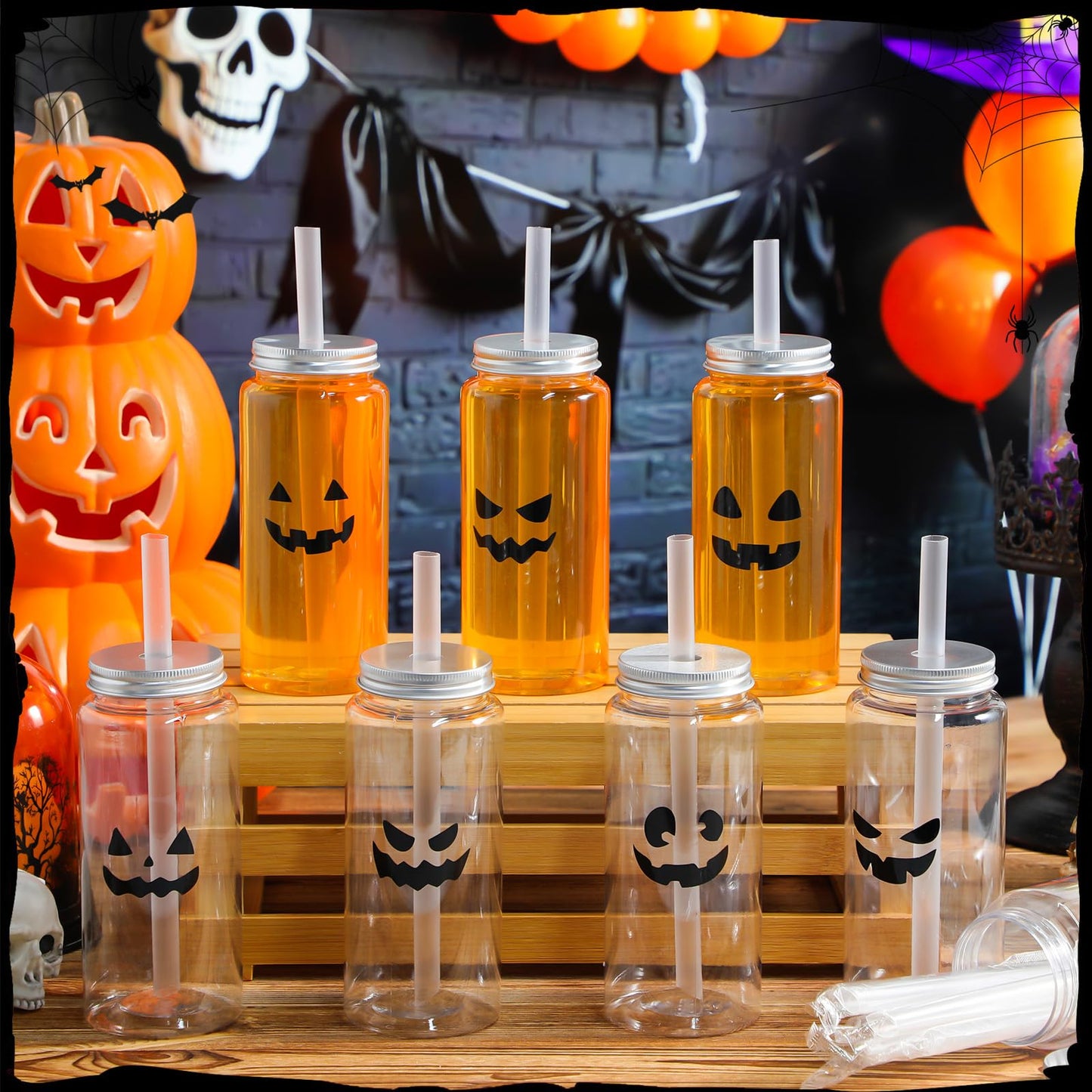 Potchen 24 Pcs Halloween Plastic Cups with Lids and Straws Reusable 13.5 oz Pumpkin Face Jack O Lantern Cups Beverage Drinking Plastic Tumbler Bulk for Halloween Trick or Treat Party Favor Supplies