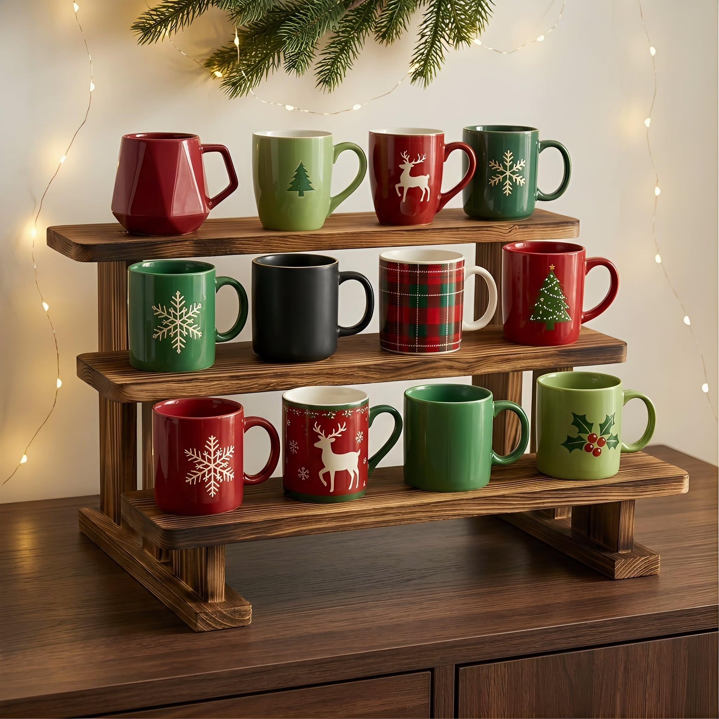 Ajerg 2 Pack 3 Tier Coffee Mug Display Shelf, Wooden Coffee Mug Holder Organizer for Countertop, Mug Storage Shelf for Coffee Station, Kitchen Cabinet, Pantry & Counter Display Rack