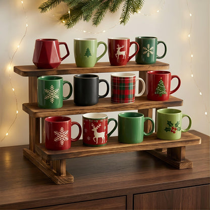 Ajerg 2 Pack 3 Tier Coffee Mug Display Shelf, Wooden Coffee Mug Holder Organizer for Countertop, Mug Storage Shelf for Coffee Station, Kitchen Cabinet, Pantry & Counter Display Rack