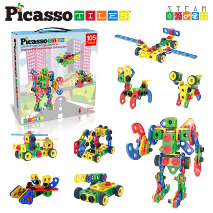 PicassoTiles STEM Learning Toys 105 Piece Building Block Set Kids Construction Engineering Kit Toy Blocks Children Early Education Playset w/IdeaBook, Power Drill, Clickable Ratchet, Age 3+ PTN105