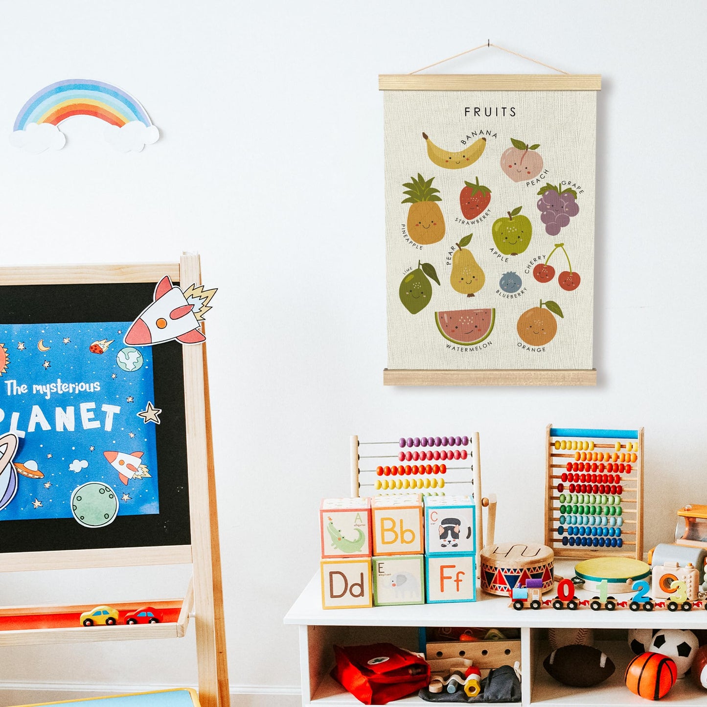 BCUANGD Fruits Vegetables Wall Decor - Toddlers Kids Preschool Poster Hanger with Wood Frames, Fruits Educational Learning Wall Hanging Canvas Decor for Kids Room Nursery Home, 12x16 Inches