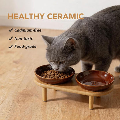 Havniva Elevated Cat Bowls Raised Ceramic Cat Bowl, 5.7” Wide Opening Cat Food Bowl Whisker Friendly Cat Dish Anti-Slip with Bamboo Stand, Shallow Pet Food & Water Bowl for Indoor Cats