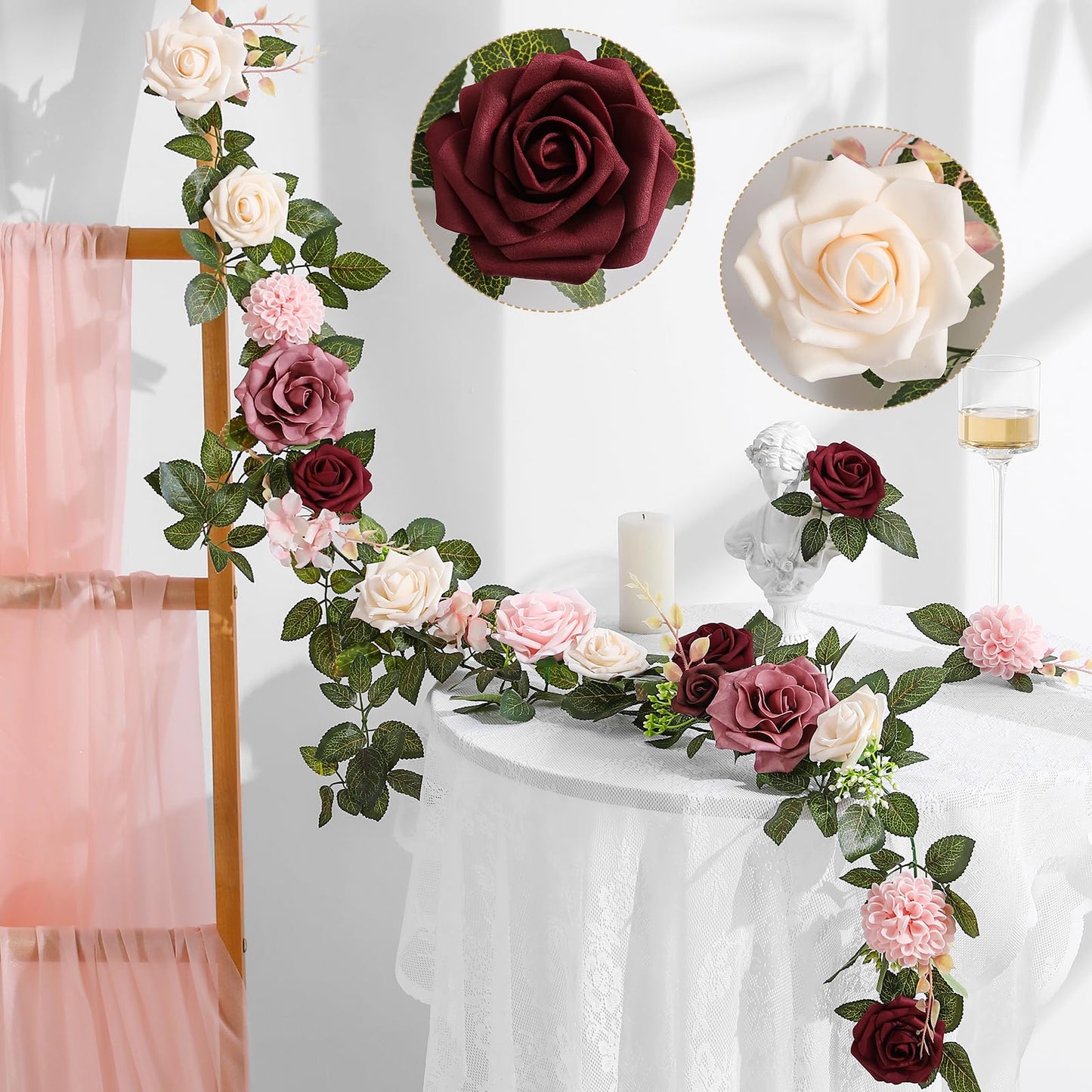 5FT Artificial Rose Flower Burgundy Fake Floral Garland for Wedding Ceremony Backdrop Arch Flowers Table Centerpieces Decorations