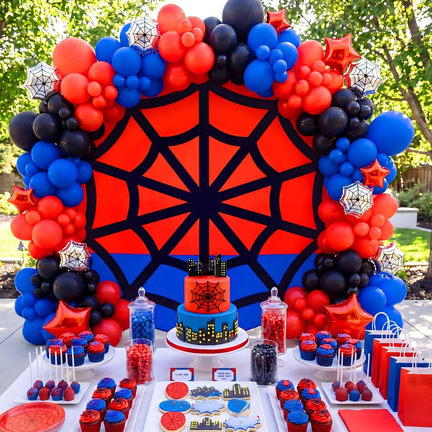 Tegeme 7.2 ft Spiderweb Themed Birthday Round Backdrop Cover Red and Blue Net Circle Arch Backdrop Cover for Photography Baby Shower Birthday Wedding Party Decor