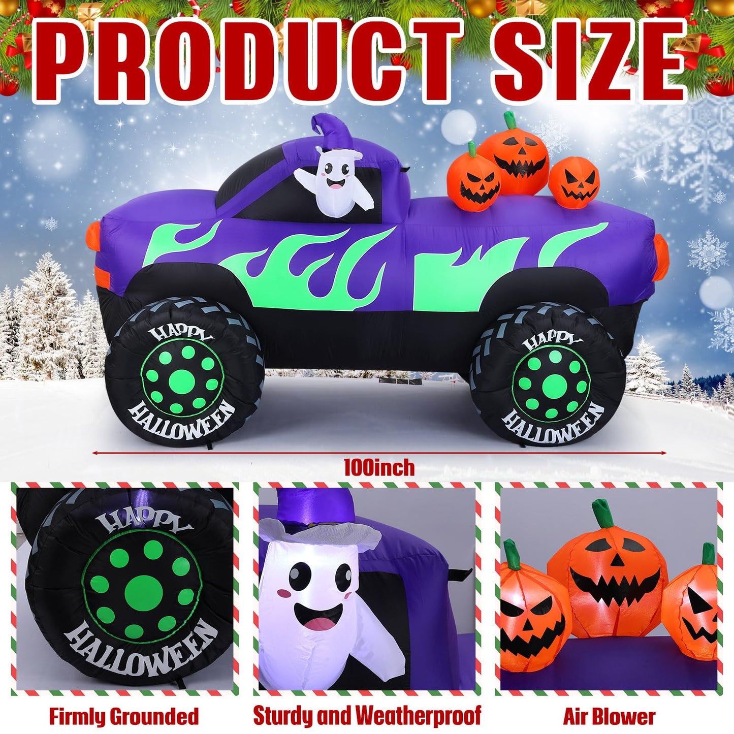 Leyndo 8 ft Long Halloween Inflatables Monster Truck Outdoor Decorations Lighted Ghost Driving Truck with Pumpkins Blow up Yard Decor with Lights for Halloween Party Indoor Family Garden Lawn Decor