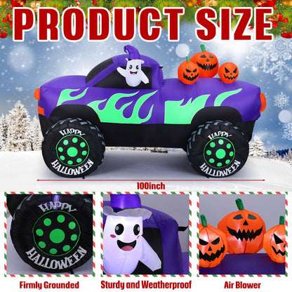 Leyndo 8 ft Long Halloween Inflatables Monster Truck Outdoor Decorations Lighted Ghost Driving Truck with Pumpkins Blow up Yard Decor with Lights for Halloween Party Indoor Family Garden Lawn Decor