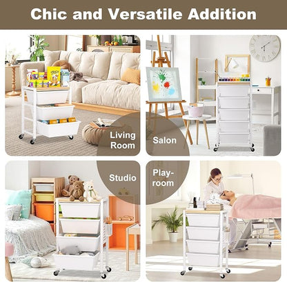 Rolling Cart with Drawers, Rolling Storage Cart with 5 Large Plastic Drawers & Wooden Tabletop, Utility Cart with Pegboards & Basket, Storage Drawers Cart for Living Room, Classroom, Bedroom, Office