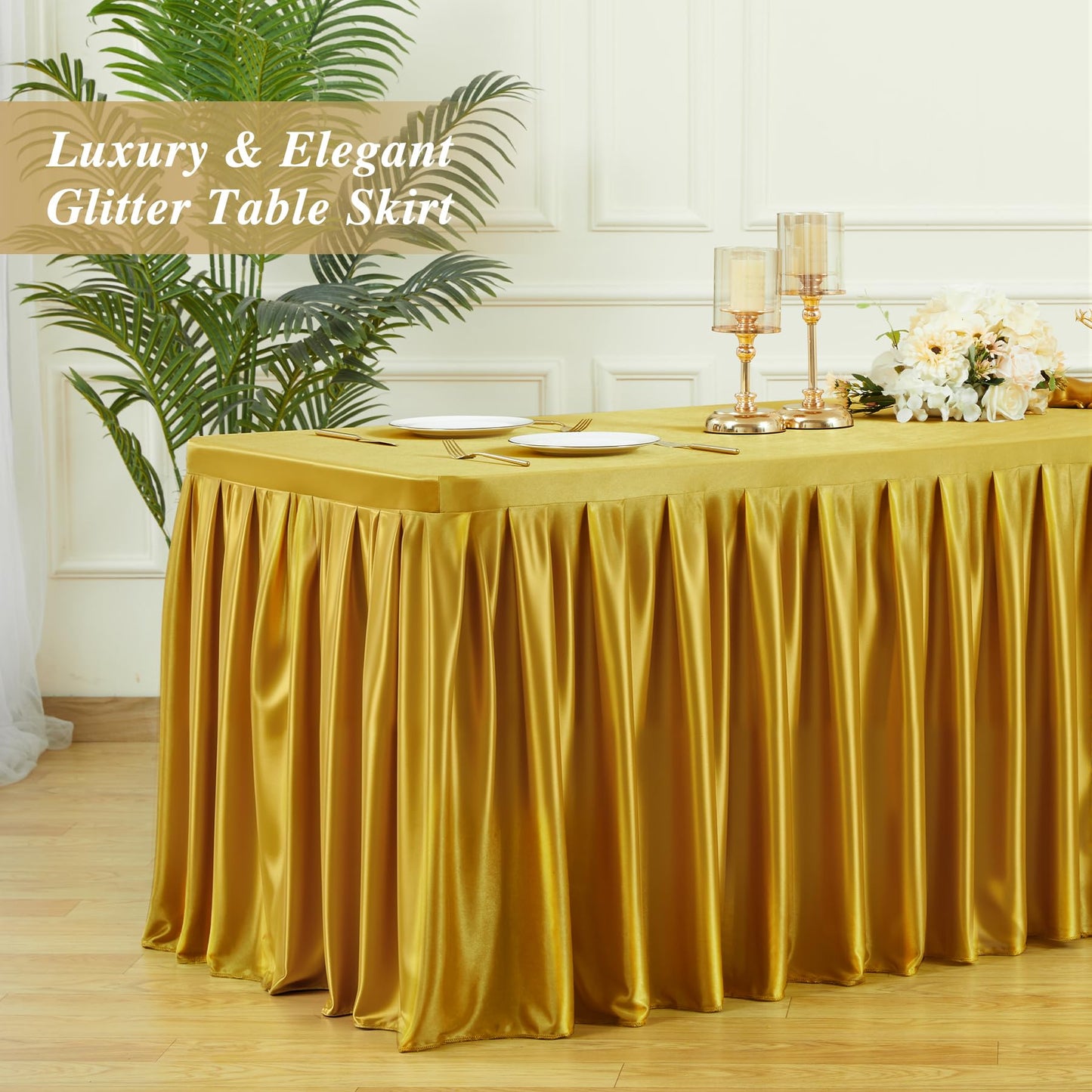 8FT Gold Satin Tablecloths for Rectangle Tables - Shiny Spandex Party Table Cover with Pleated Table Skirt, No-Wrinkle & Glossy Wedding Tablecloth One-Piece for Birthday Baby Shower Banquet Ceremony