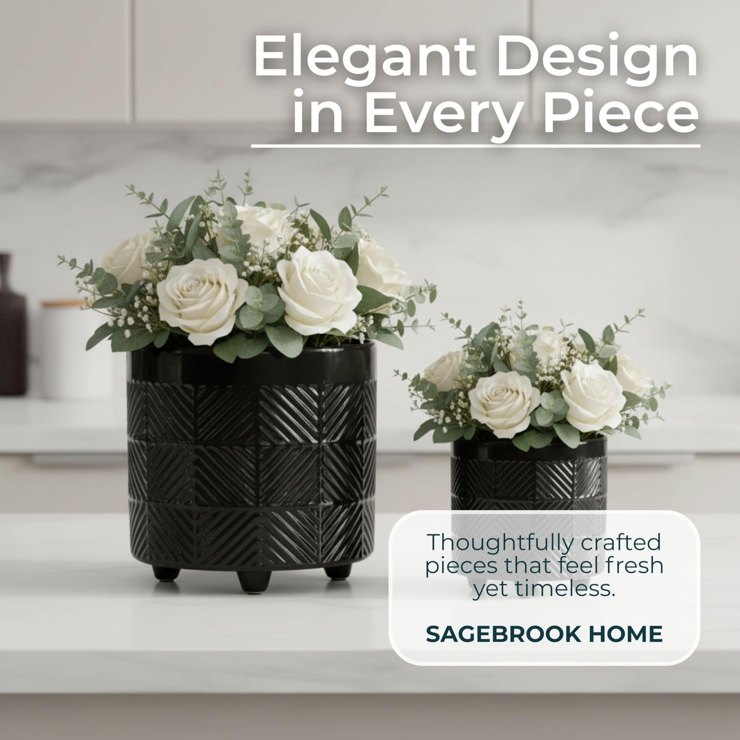 Set of 2 Ceramic Decorative Footed Planter Pot – Outdoor & Indoor Plant Pot with Embossed Textured Finish – Elegant and Modern Garden & Home Decor Ceramic Planters – 7" & 8", Black