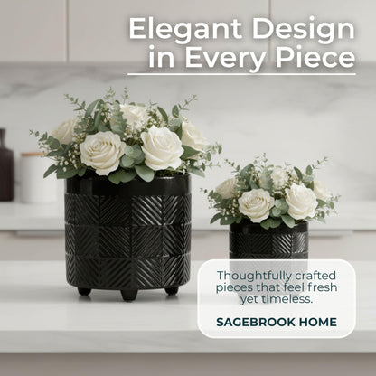 Set of 2 Ceramic Decorative Footed Planter Pot – Outdoor & Indoor Plant Pot with Embossed Textured Finish – Elegant and Modern Garden & Home Decor Ceramic Planters – 7" & 8", Black