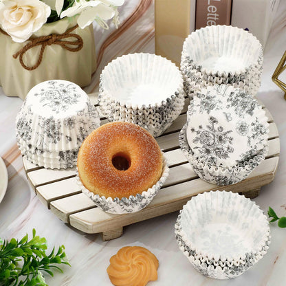 JarThenaAMCS 600Pcs Black Floral Cupcake Liners Chinoiserie Flower Cupcake Wrappers Paper Disposable Decorative Muffin Brownie Cups for Baking Party Supplies