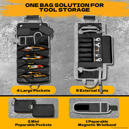 Tool Bag Roll Up Large Heavy Duty, Waterproof Oxford Fabric Tool Storage Organizer with Shoulder Strap Detachable Magnetic Wristband, Foldable Carrying Toolbag for Car Mechanic and Electrician(Black)