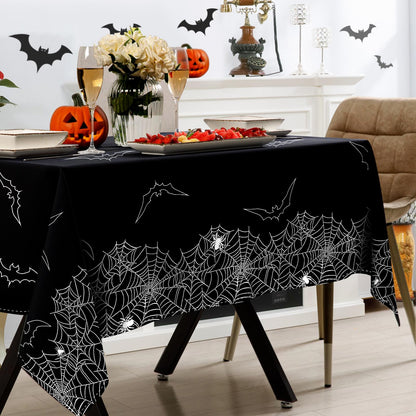 QIALETS 60x120 Inch Halloween Tablecloth Black Spider Web Hollow Bat Cobweb Table Covers for Outdoor Indoor Party Decorations
