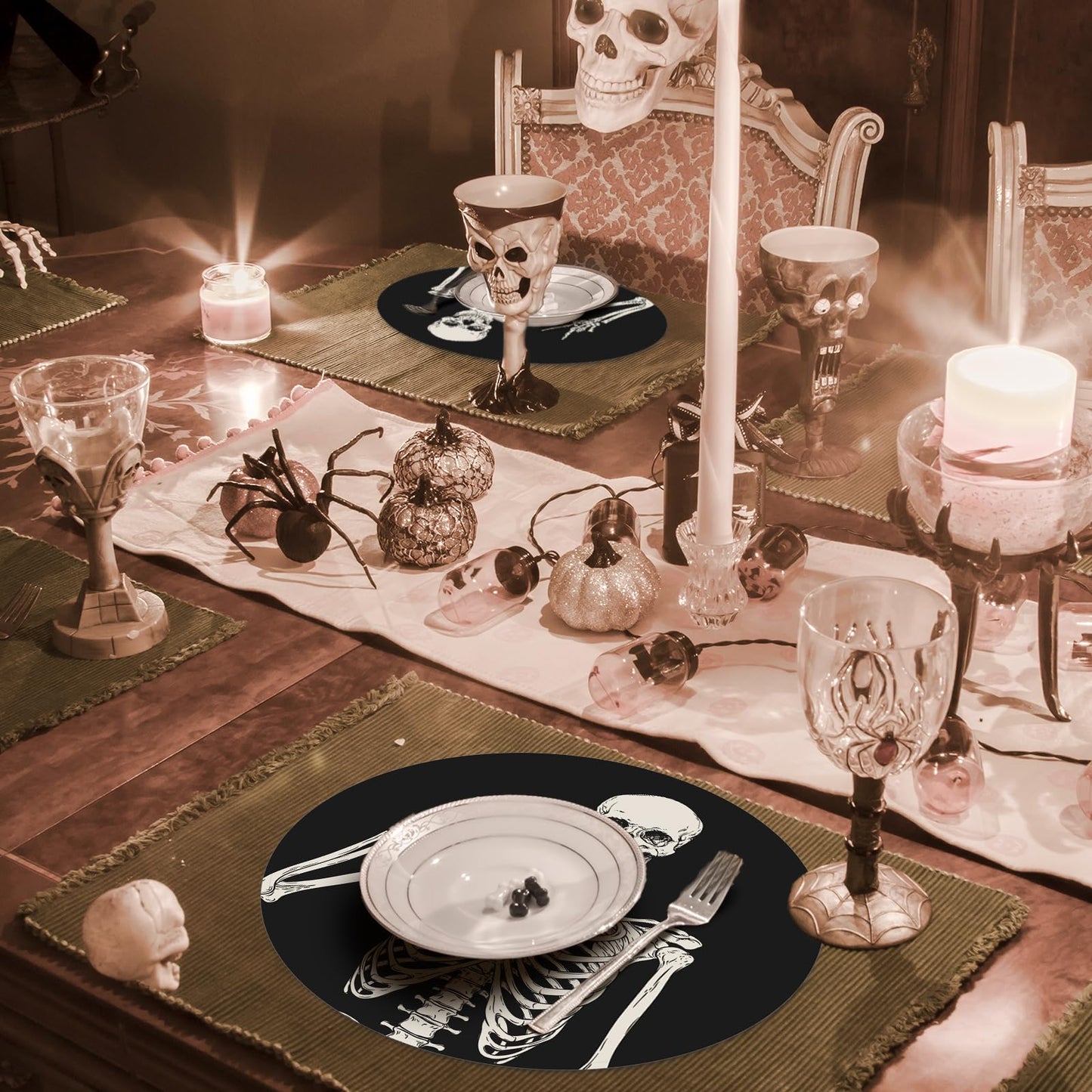 JarThenaAMCS 50Pcs Halloween Paper Placemats Smiling Skeleton Dinner Mats Black Disposable Round Table Mats for Trick or Treat Party Table Setting