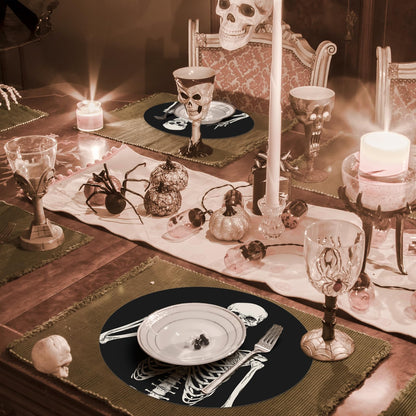 JarThenaAMCS 50Pcs Halloween Paper Placemats Smiling Skeleton Dinner Mats Black Disposable Round Table Mats for Trick or Treat Party Table Setting