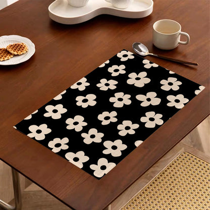 Placemats Set of 6,Abstract Black Flower Heat Resistant Non Slip Table Mats,Washable Wipe Clean Dining Placemats 12 x 18 Inches