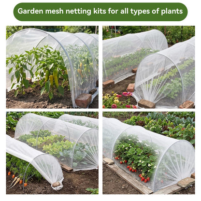 Garden Netting Kit for Raised Beds, 10x30FT Ultra Fine Mesh Netting＆ 6 Sets of 8FT Fiberglass Garden Hoops, Row Cover Insect Netting for Vegetable Plant Fruit Flowers Protection