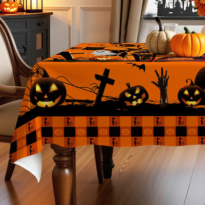 Hexagram Halloween Tablecloth Rectangle 60 x 84 inches, Ghost Pumpkin Plaid Table Cloth, Halloween Decor, Black Castle Tablecloth, Washable Orange Table Cloth for Party Picnic Dinner Decor