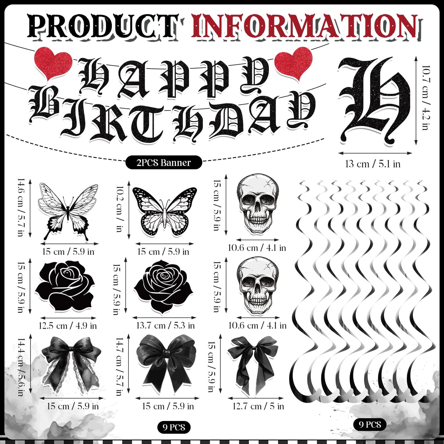 11pcs Gothic Birthday Party Decorations Banner Skull Black Bow Birthday Banner Decorations Hanging Swirls for Death wo My Twenties Rip to My 20s Emo Spooky Halloween Goth Birth day Party Supplies