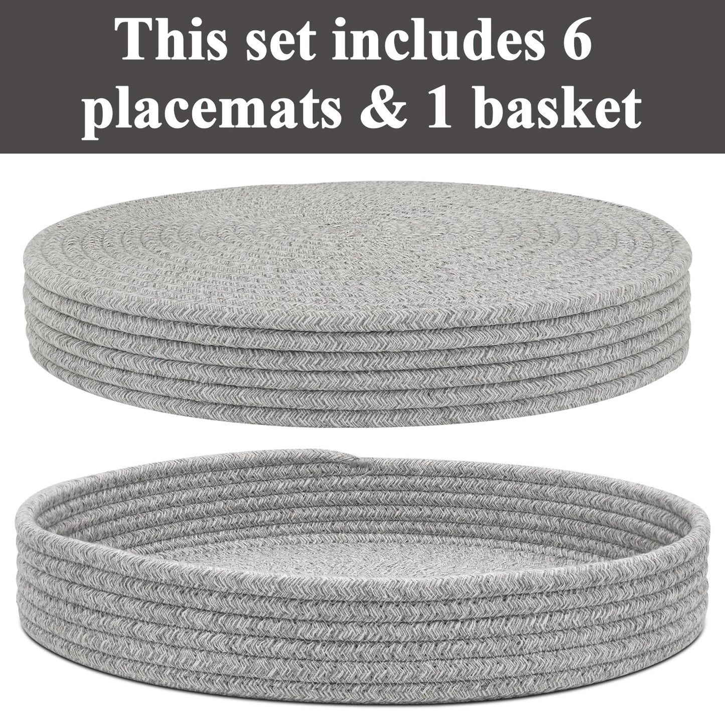 Round Placemats Set of 6 with Holder, Cotton Rope Woven Place Mats, Hot Pads for Kitchen, Heat Resistant Table Mats, 13 Inch Farmhouse Washable Braided Placemat for Kitchen Decor (Gray)