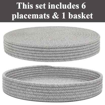 Round Placemats Set of 6 with Holder, Cotton Rope Woven Place Mats, Hot Pads for Kitchen, Heat Resistant Table Mats, 13 Inch Farmhouse Washable Braided Placemat for Kitchen Decor (Gray)