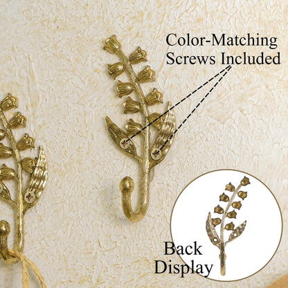 SOFFEE DESIGN 2PCS Golden Bellflower Hooks, Spring Blossom Robe Holders, Floral Bathroom Accessories with Curved Stem