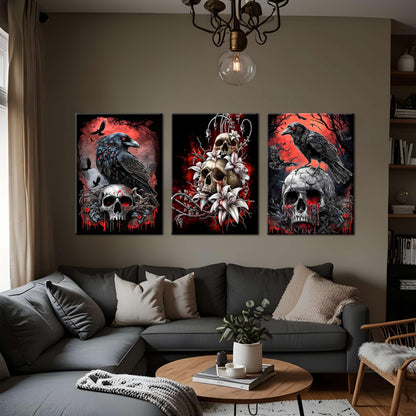 3 Piece Gothic Halloween Canvas Wall Art – Framed Dark Crow Floral Skull Prints, Spooky Romantic Aesthetic Gothic Pictures for Living Room, Bedroom, Bathroom Halloween Decor – 12x16in