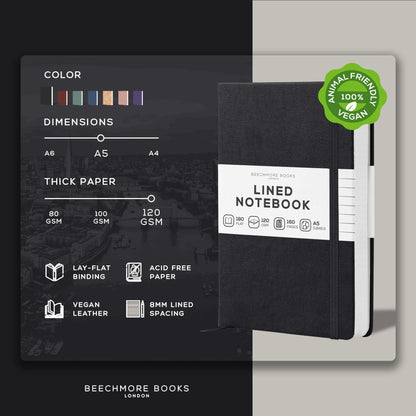 BEECHMORE BOOKS Premium Lined Leather Journal for Men & Women, 5" x 8" (A5) Thick 120gsm Ivory Cream Paper Notebook, Hardcover Vegan Leather Personal Diary, With Gift Box (Charcoal Black)