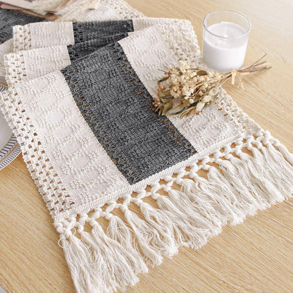 FEXIA Boho Table Runner for Summer Home Decor with Tassels 72 Inches Long Farmhouse Grey Rustic Burlap Table Runner Macrame Table Decoration for Kitchen Bedroom Living Room (12x72 Inches)
