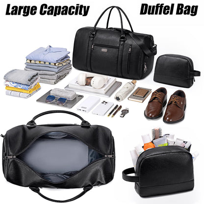 Large Travel Duffel Bag for Women Men, Faux Leather Weekender Overnight Bag with Shoe Compartment, Waterproof Carry On Bag with Toiletry Bag, Travel Tote Bag Gym Bag (Black)