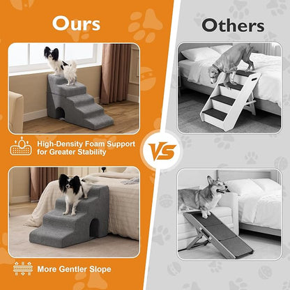 Dog Stairs for Bed 23’’ H, 5-Step Dog Steps for High Bed, Foldable Pet Stairs for Small Dogs and Cats to Get on Beds, Couch, Non-Slip Balanced Pet Steps and Ramp with Waterproof Cover, Grey