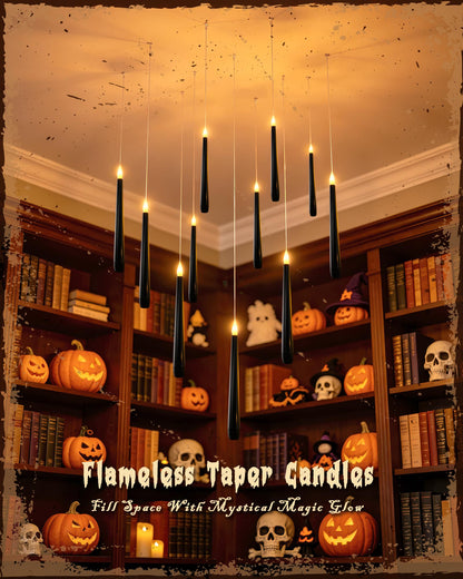 Meigic 20PCS Black Floating and Hanging Flameless Taper Candles with Wand Remote, Battery Operated Gothic Halloween Candles with Flickering Amber Glow for Haunted House, Witchy Dinner, Ceiling Decor