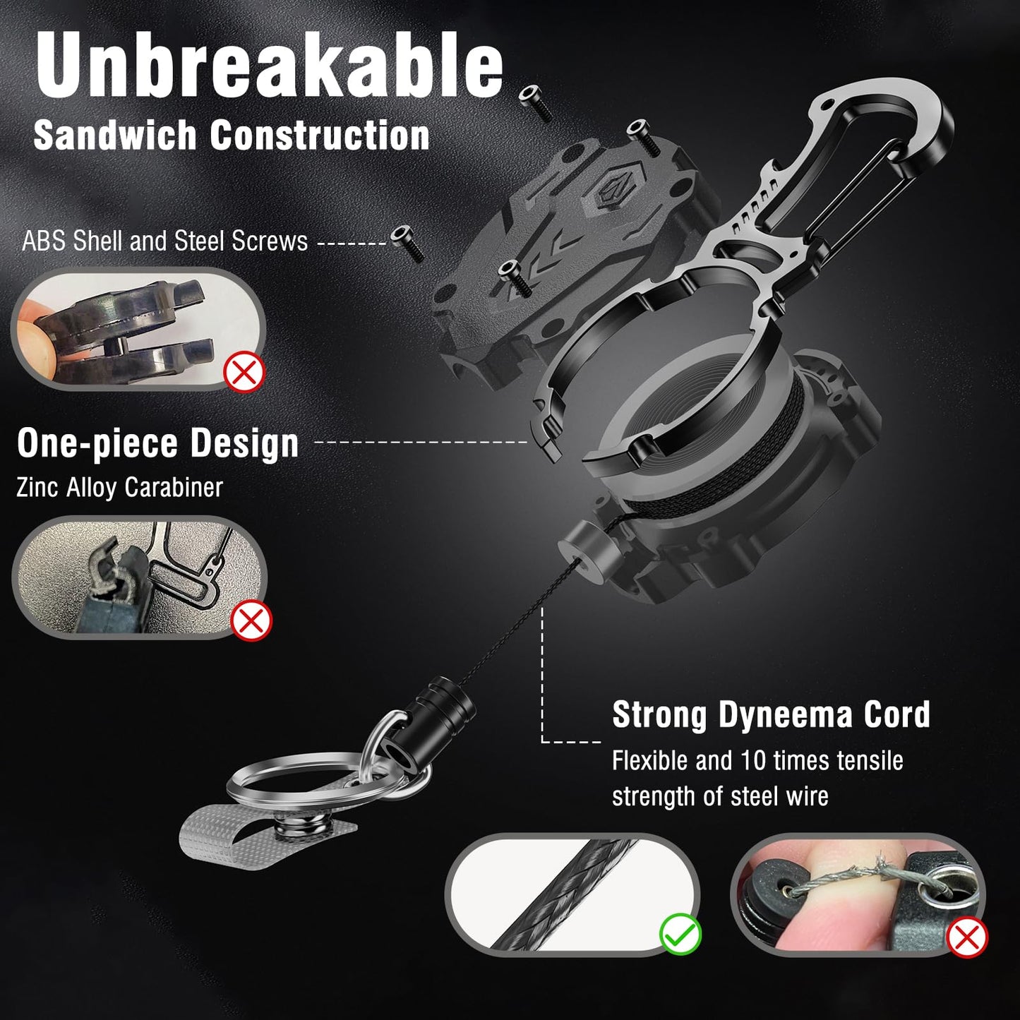 Autonomier 2Pack Heavy Duty Retractable Keychain, Tactical ID Badge Holder Reel Carabiner Clip with Magnetic Closure for Men, Unbreakable Sandwich Construction with 31" Dyneema Cord, Bearing 25oz