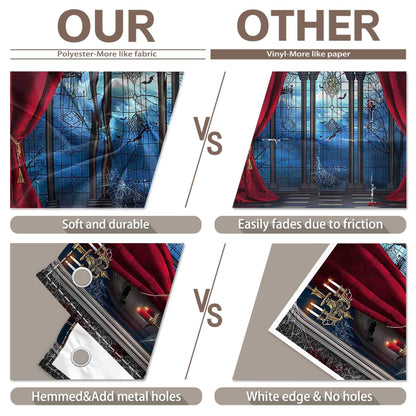 YCUCUEI 7x5ft Fabric Halloween Vampire Medieval Castle Backdrop Gothic Window Red Curtain Bats Photography Background Haunted House Party Decor Photo Props