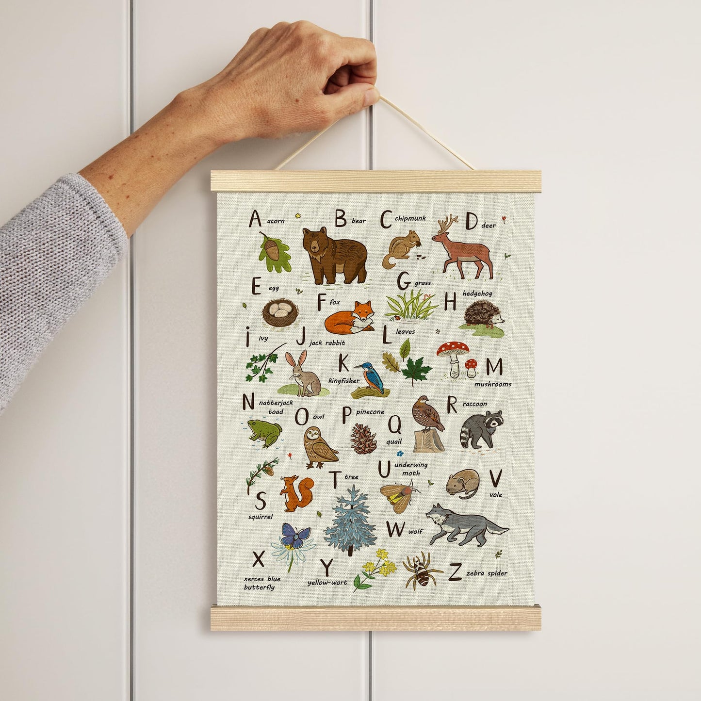 BCUANGD Alphabet Educational Wall Decor - Neutral Woodland Animals Poster Hanger with Wood Frames Set of 2, Kids ABC Numbers Wall Hanging Canvas Decor for Home Playroom Kids Room, 12x16 Inches