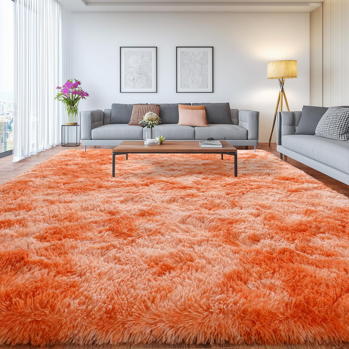 Upgrade Non-Slip Plush Rugs for Living Room, Soft Shaggy Carpets for Living Room, Fuzzy Rugs for Kids' Room, Perfect Decor for Modern Home Tie Dye Orange 5x7Feet