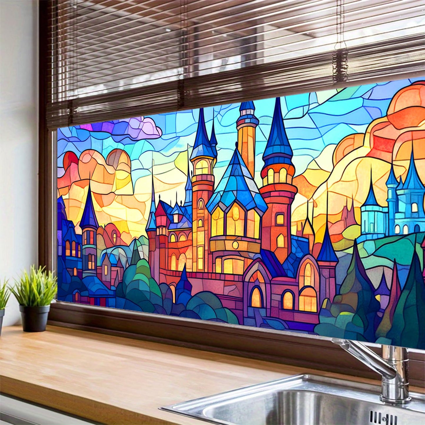 HOMETITUTE Stained Glass Castle Pattern Rainbow Window Film 39.3x17.7 inches Non-Adhesive Removable Reusable for Glass Door Home and Office Bedrooms PVC Static Cling Sticker