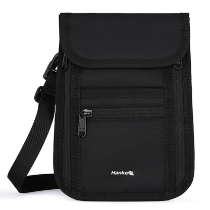 Hanke Passport Holder, Travel Wallet for Womens and Men, Neck Wallet Hidden Passport Pouch for Travel Adjustable Lightweight Thin with 6 compartments (Black)