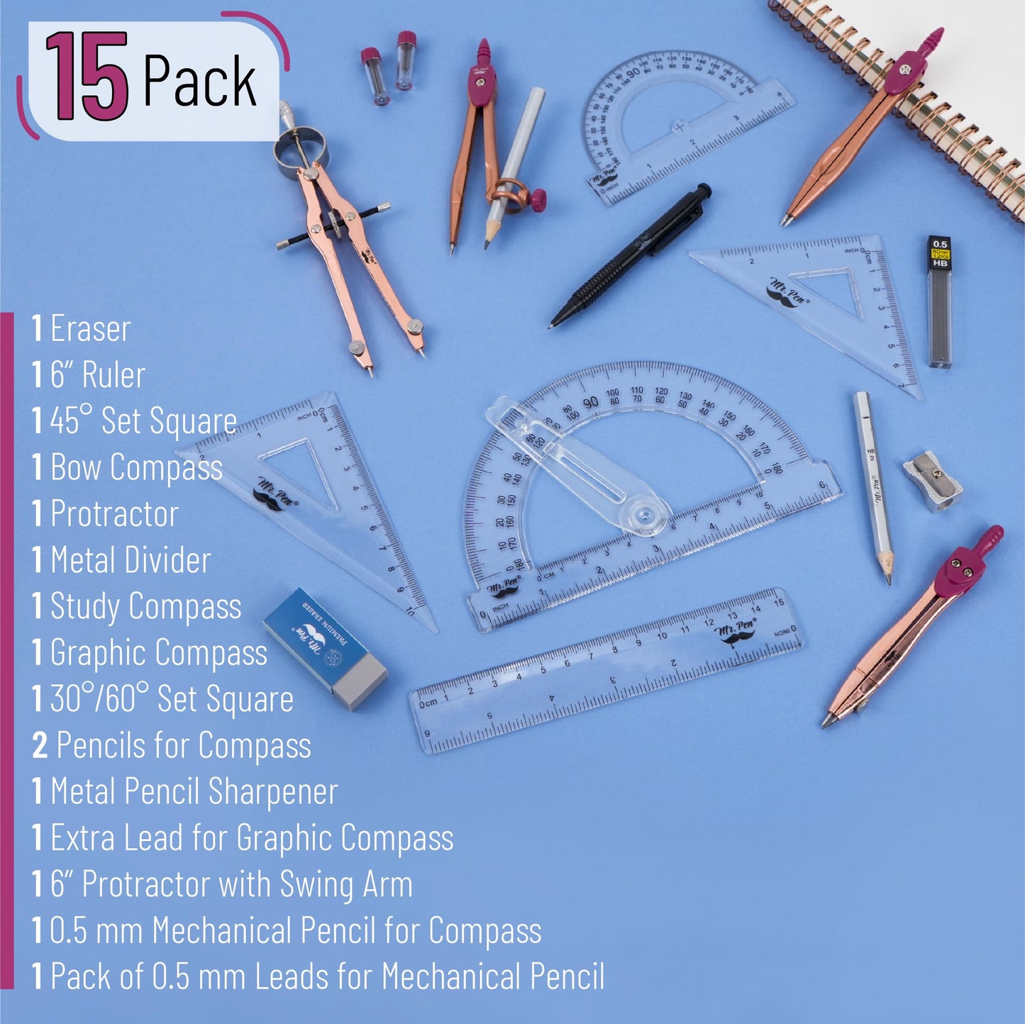 Mr. Pen- Geometry Set, 15 pcs, Rose Gold & Pink, 6 Inch Swing Arm Protractor, Divider, Set Squares, Ruler, Compasses and Protractor