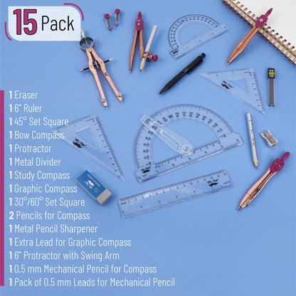 Mr. Pen- Geometry Set, 15 pcs, Rose Gold & Pink, 6 Inch Swing Arm Protractor, Divider, Set Squares, Ruler, Compasses and Protractor