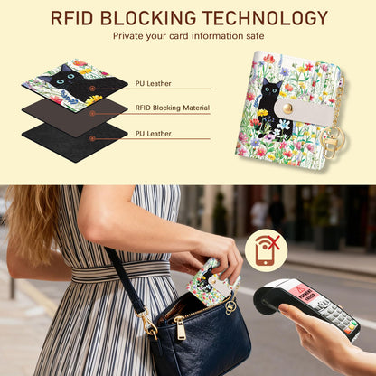 Jogjam Black Cat Flower Floral Aesthetic Rfid Women Wallet, Cute Small Slim Thin Compact Credit Card Wallet, PU Leather Bifold Cash Wallet, Zipper Coin Pocket ID Window, Girls Girly Teens Gifts